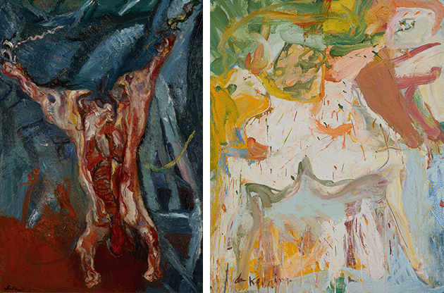 Left: Chaïm Soutine, Carcass of Beef, 1925, Minneapolis Institute of Arts, Minneapolis. Image: Minneapolis Institute of Art, Gift of Mr. and Mrs. Donald Winston and an anonymous donor, 57.12 Right: Willem de Kooning, The Visit, 1966-67, Tate Collection, London. Image: © Tate, Artwork: © Willem de Kooning Revocable Trust/ARS, NY and DACS, London 2023
